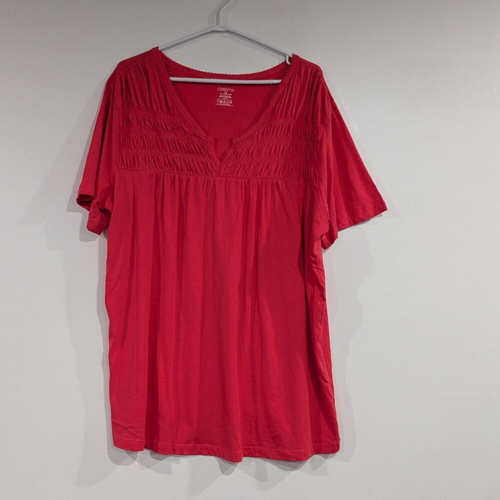 *3/$10* Carisma Smocked Split Neck Tee Coral Pink Size 1X